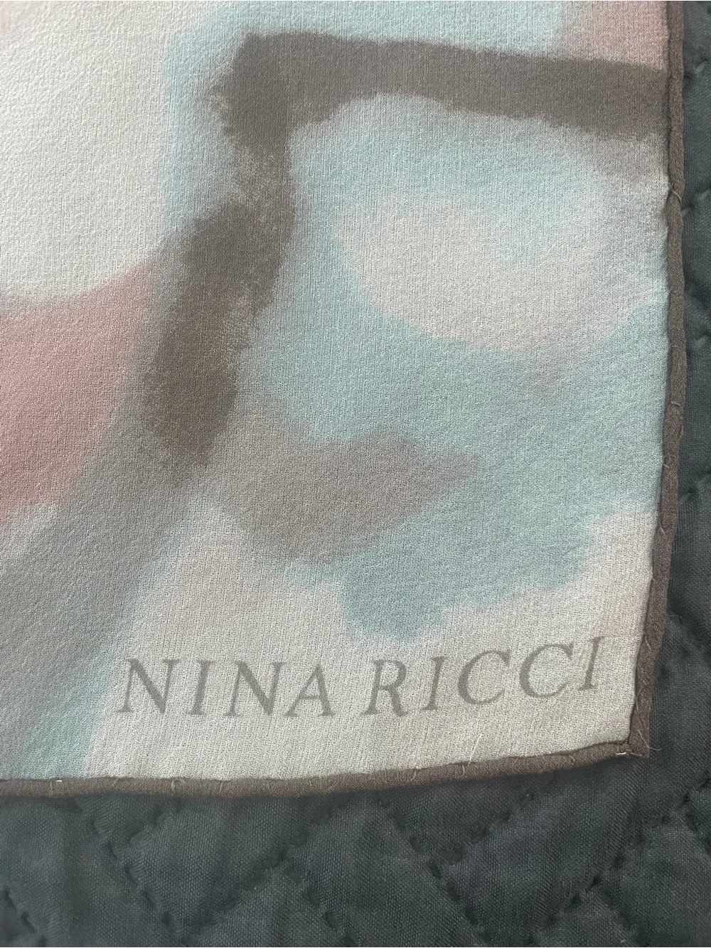 Nina Ricci Italy 100% Silk Abstract Floral Scarf Taupe Blush Blue 22x70
